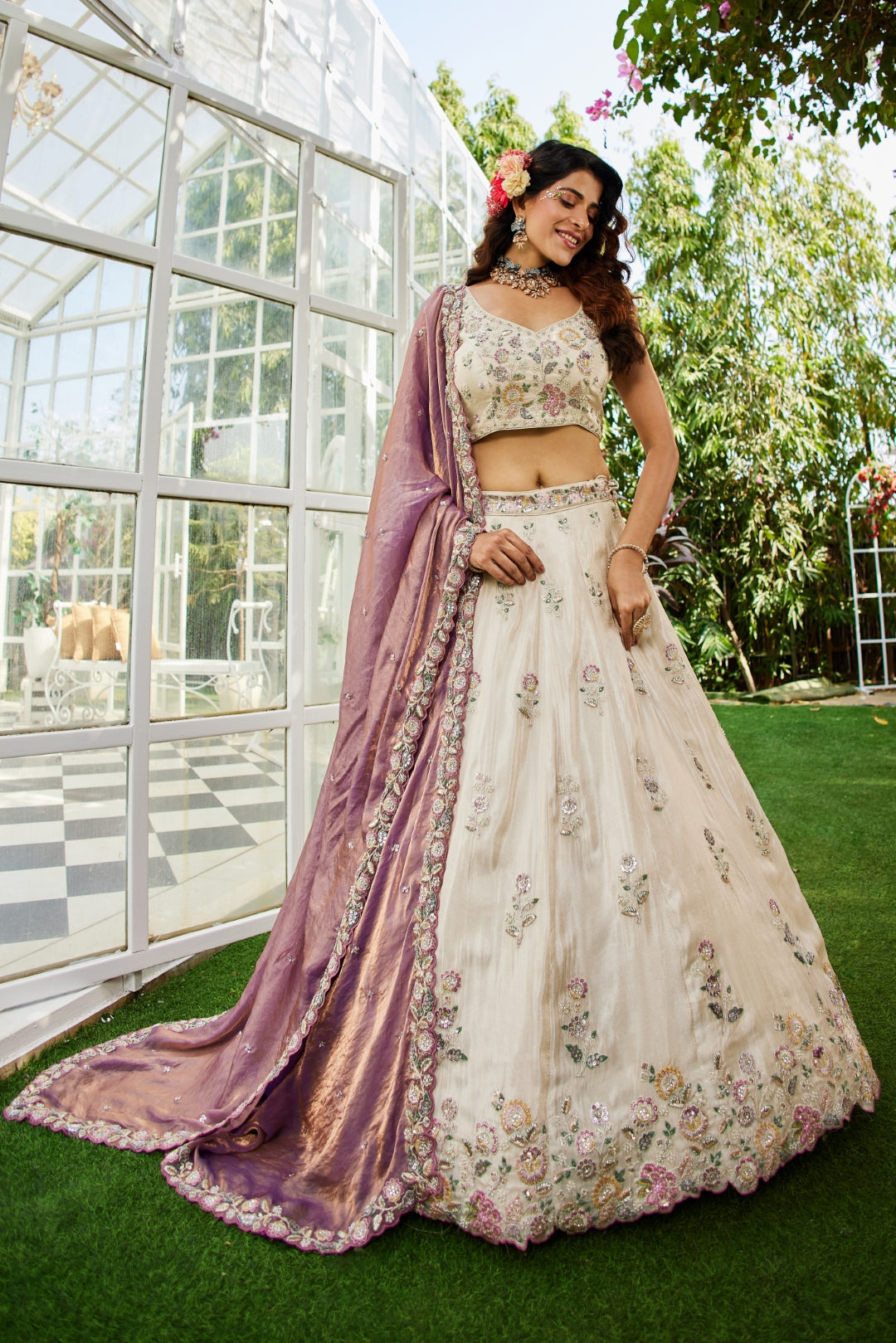 Cream colour tissue with Sequins & Thread Embroidered Semi-Stitched Lehenga Choli with Dupatta Clothsvilla