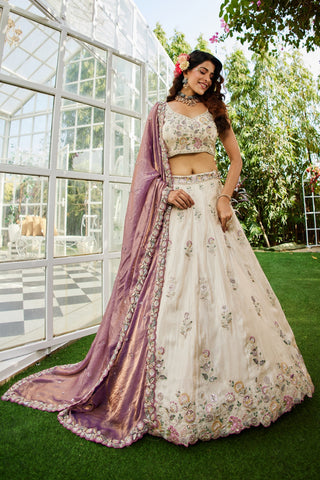 Cream colour tissue with Sequins & Thread Embroidered Semi-Stitched Lehenga Choli with Dupatta Clothsvilla