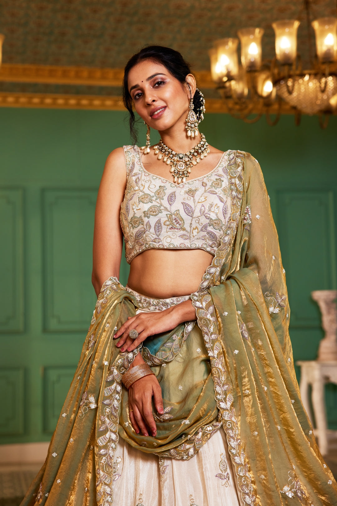 Cream colour tissue with Sequins & Thread Embroidered Semi-Stitched Lehenga Choli with Dupatta Clothsvilla