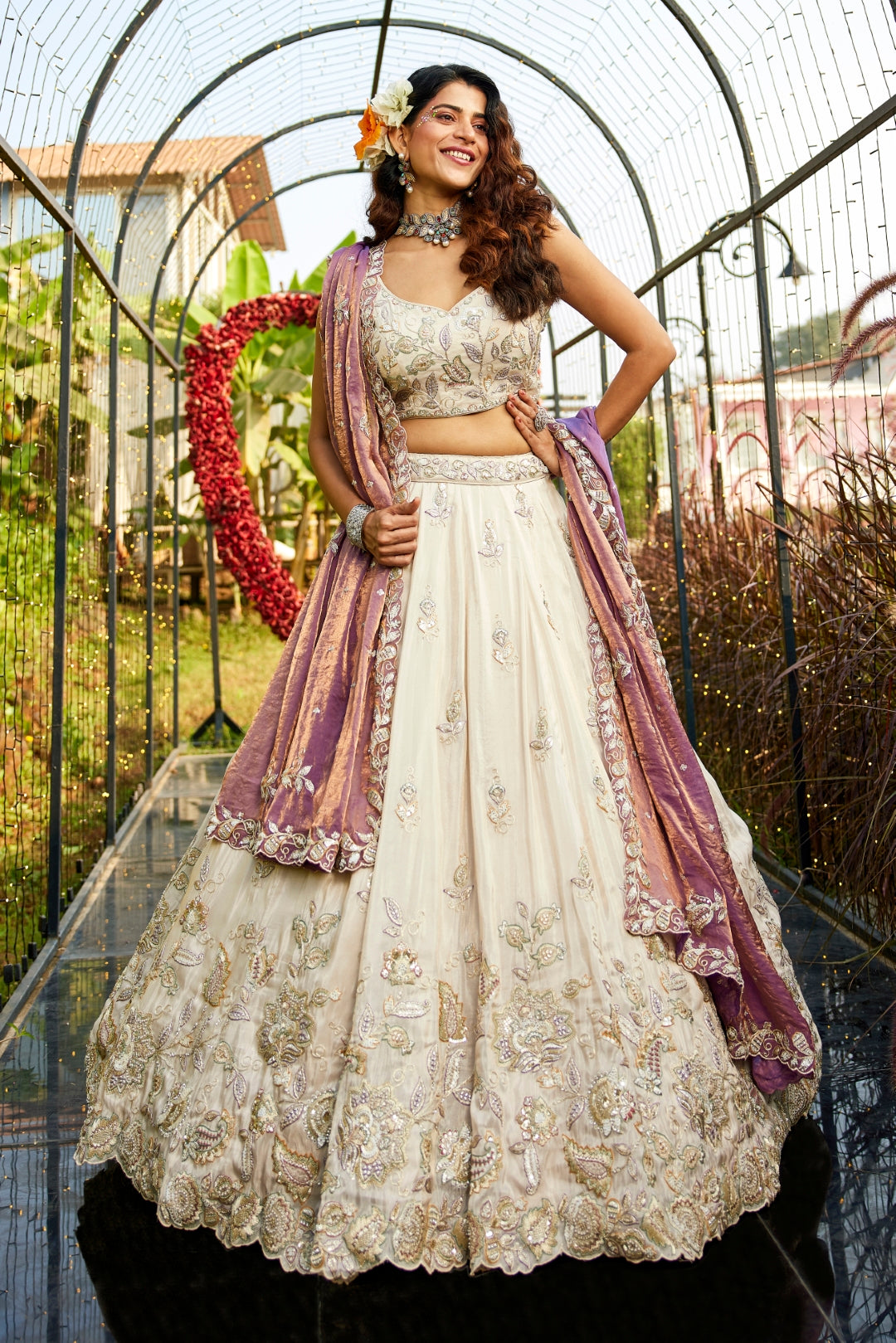Cream colour tissue with Sequins & Thread Embroidered Semi-Stitched Lehenga Choli with Dupatta Clothsvilla