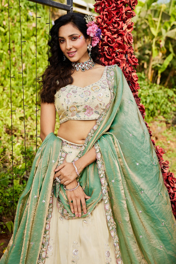 Cream colour tissue with Sequins & Thread Embroidered Semi-Stitched Lehenga Choli with Dupatta Clothsvilla