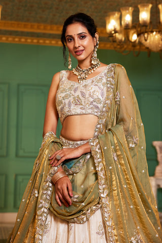 Cream colour tissue with Sequins & Thread Embroidered Semi-Stitched Lehenga Choli with Dupatta Clothsvilla