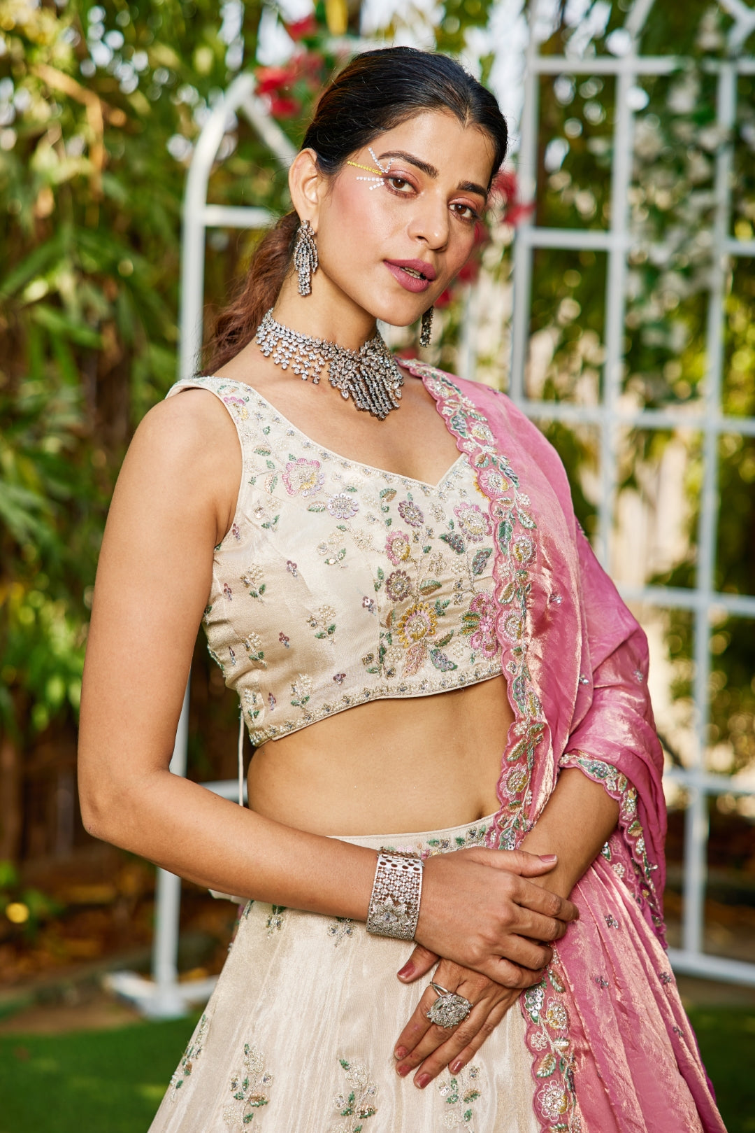 Cream colour tissue with Sequins & Thread Embroidered Semi-Stitched Lehenga Choli with Dupatta Clothsvilla