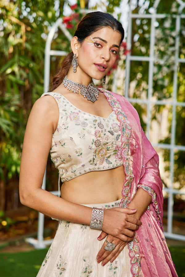 Cream colour tissue with Sequins & Thread Embroidered Semi-Stitched Lehenga Choli with Dupatta Clothsvilla