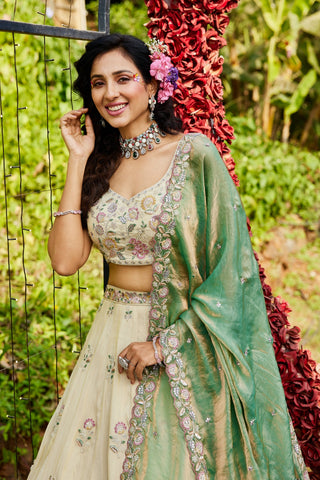 Cream colour tissue with Sequins & Thread Embroidered Semi-Stitched Lehenga Choli with Dupatta Clothsvilla