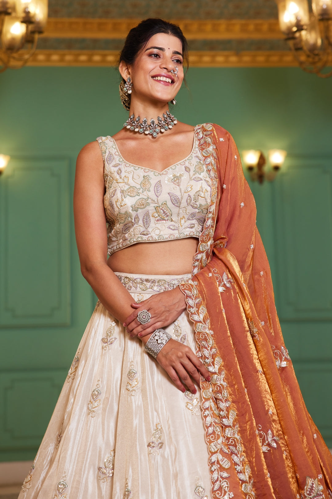 Cream colour tissue with Sequins & Thread Embroidered Semi-Stitched Lehenga Choli with Dupatta Clothsvilla