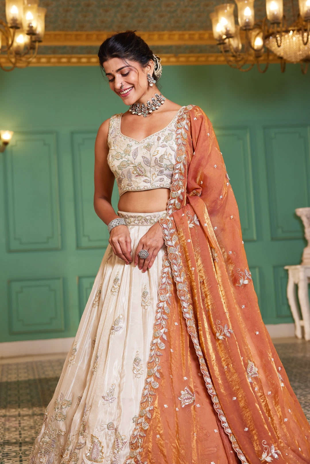 Cream colour tissue with Sequins & Thread Embroidered Semi-Stitched Lehenga Choli with Dupatta Clothsvilla