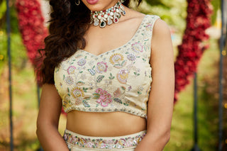 Cream colour tissue with Sequins & Thread Embroidered Semi-Stitched Lehenga Choli with Dupatta Clothsvilla