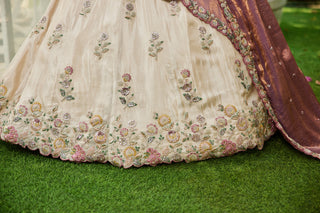 Cream colour tissue with Sequins & Thread Embroidered Semi-Stitched Lehenga Choli with Dupatta Clothsvilla