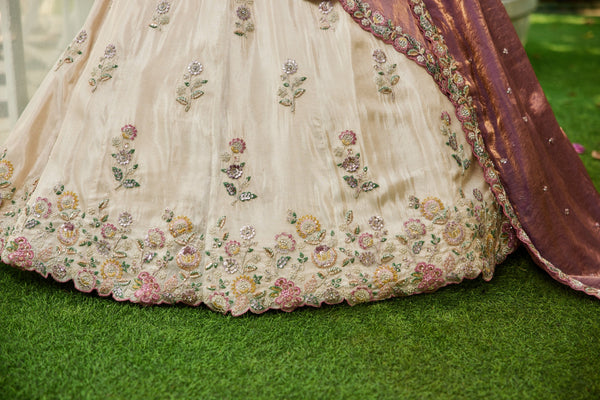 Cream colour tissue with Sequins & Thread Embroidered Semi-Stitched Lehenga Choli with Dupatta Clothsvilla