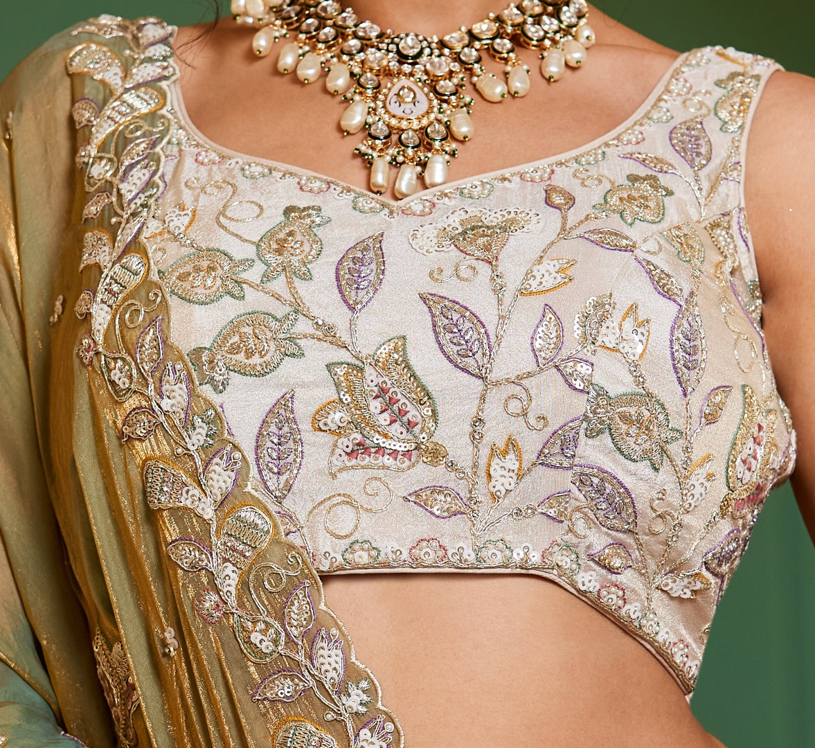 Cream colour tissue with Sequins & Thread Embroidered Semi-Stitched Lehenga Choli with Dupatta Clothsvilla