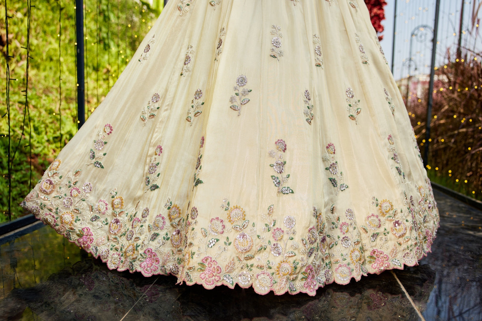 Cream colour tissue with Sequins & Thread Embroidered Semi-Stitched Lehenga Choli with Dupatta Clothsvilla