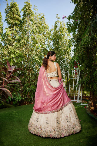 Cream colour tissue with Sequins & Thread Embroidered Semi-Stitched Lehenga Choli with Dupatta Clothsvilla
