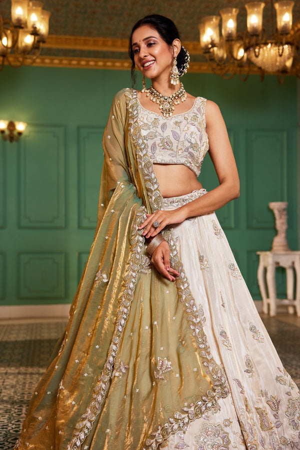 Cream colour tissue with Sequins & Thread Embroidered Semi-Stitched Lehenga Choli with Dupatta Clothsvilla