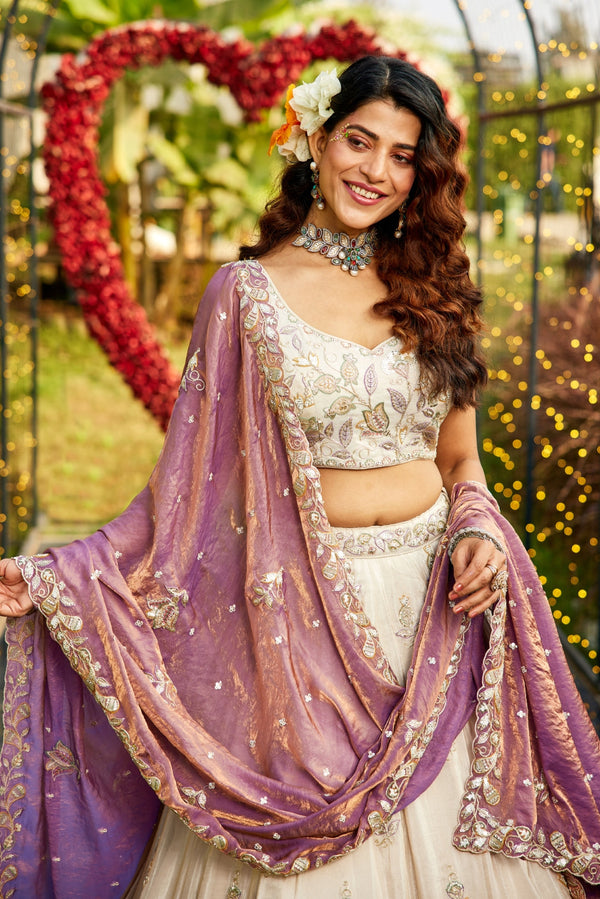 Cream colour tissue with Sequins & Thread Embroidered Semi-Stitched Lehenga Choli with Dupatta Clothsvilla
