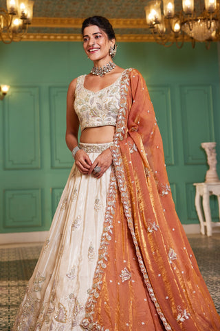 Cream colour tissue with Sequins & Thread Embroidered Semi-Stitched Lehenga Choli with Dupatta Clothsvilla