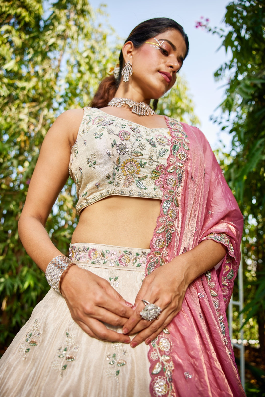 Cream colour tissue with Sequins & Thread Embroidered Semi-Stitched Lehenga Choli with Dupatta Clothsvilla