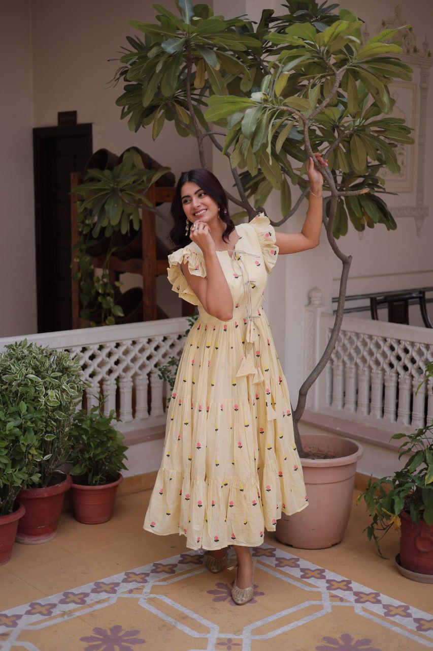 Cream Cotton Embroidered Anarkali Kurti ClothsVilla