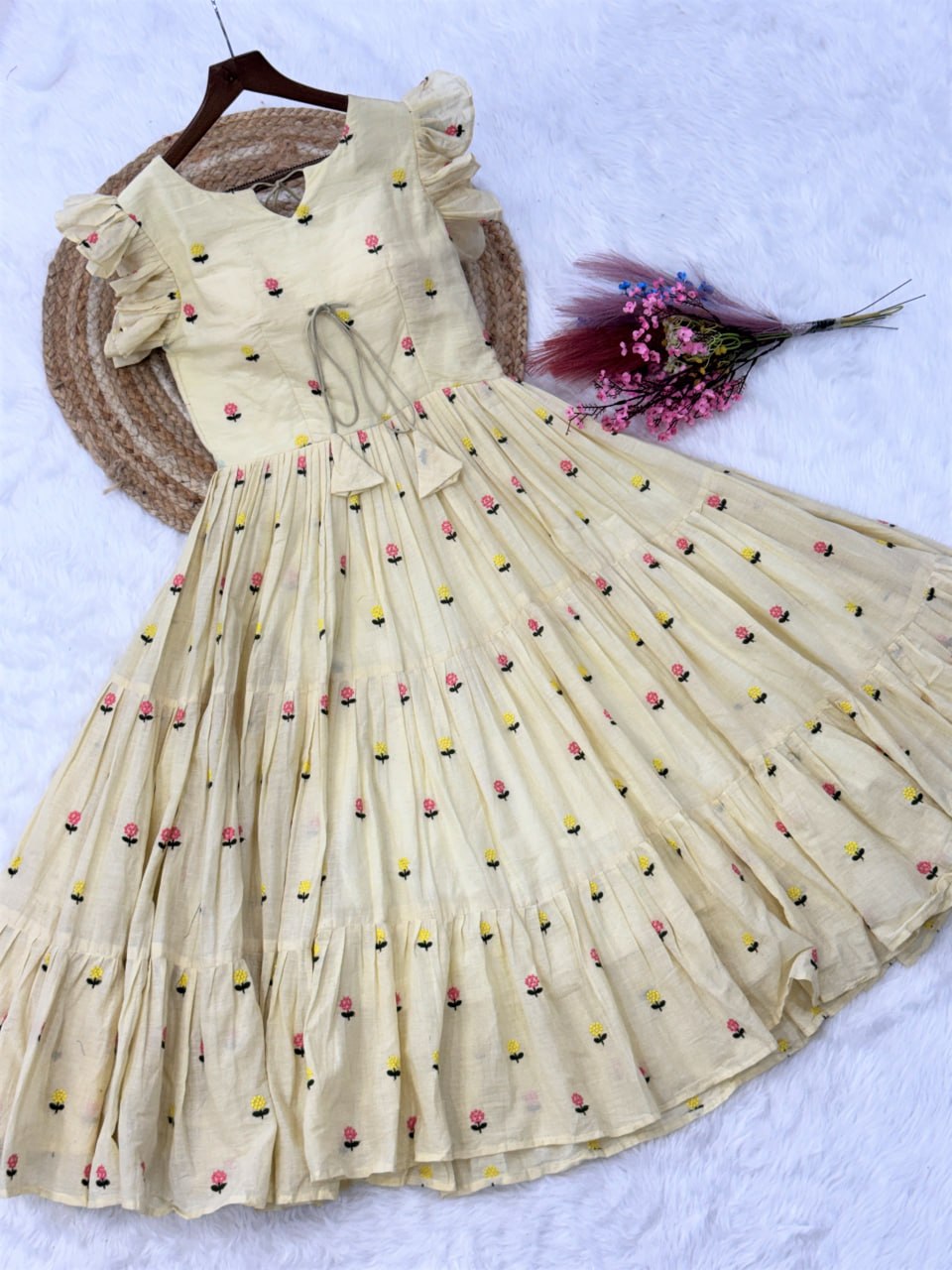 Cream Cotton Embroidered Anarkali Kurti ClothsVilla