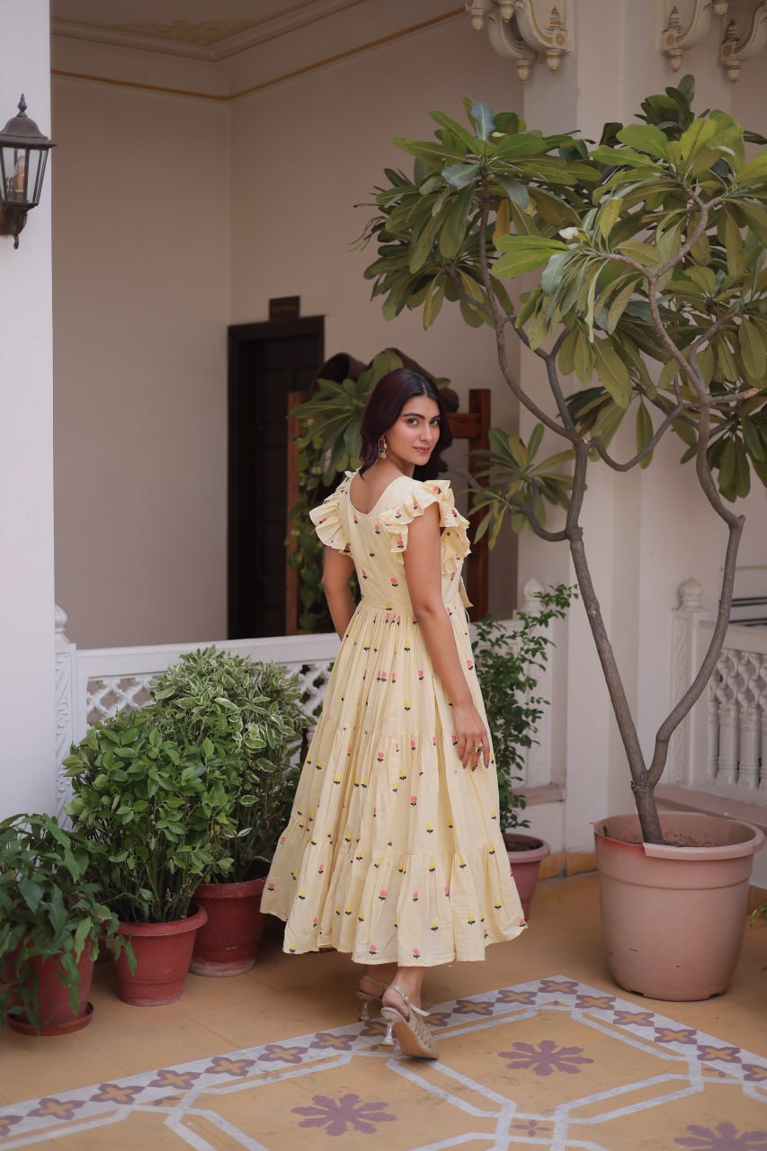 Cream Cotton Embroidered Anarkali Kurti ClothsVilla