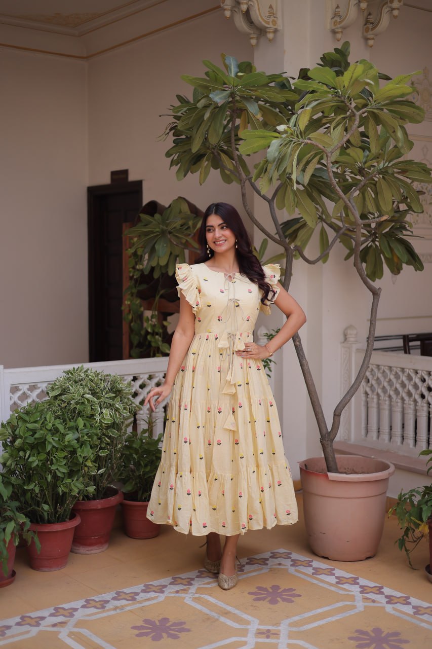 Cream Cotton Embroidered Anarkali Kurti ClothsVilla