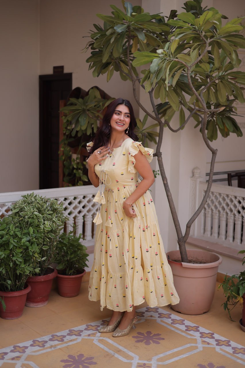 Cream Cotton Embroidered Anarkali Kurti ClothsVilla