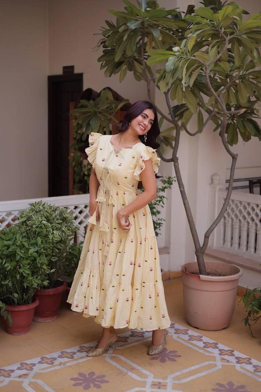 Cream Cotton Embroidered Anarkali Kurti ClothsVilla