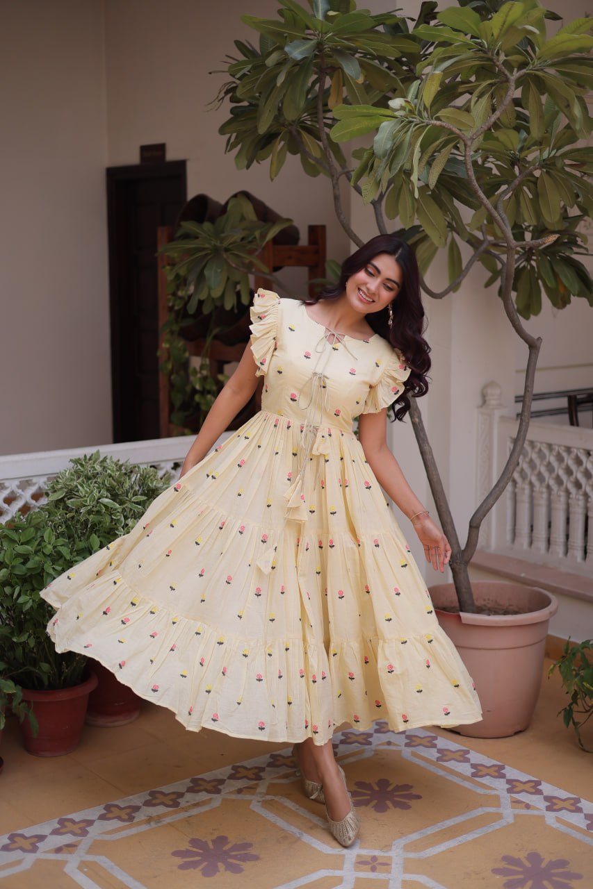 Cream Cotton Embroidered Anarkali Kurti ClothsVilla