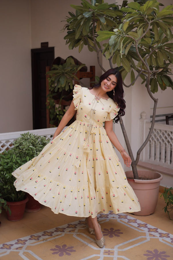 Cream Cotton Embroidered Anarkali Kurti ClothsVilla