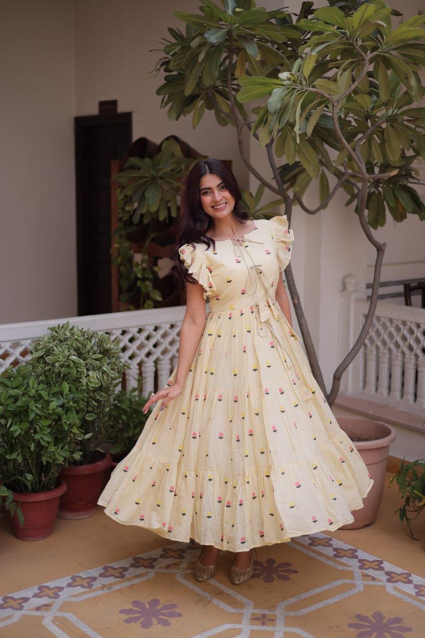 Cream Cotton Embroidered Anarkali Kurti ClothsVilla