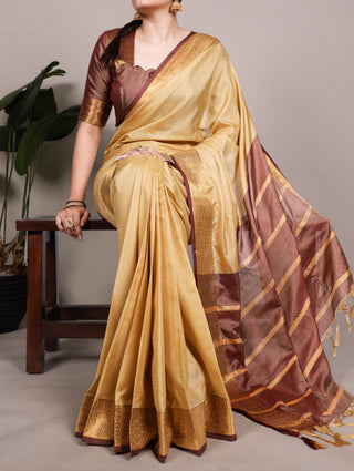 Cream Cotton Saree with Zari Weaving ClothsVilla
