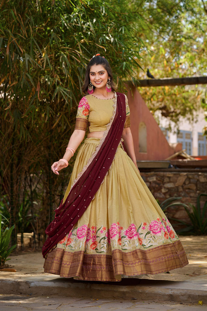 Cream Cotton Silk Lehenga Choli with Thread Embroidery & Sequined Georgette Dupatta ClothsVilla