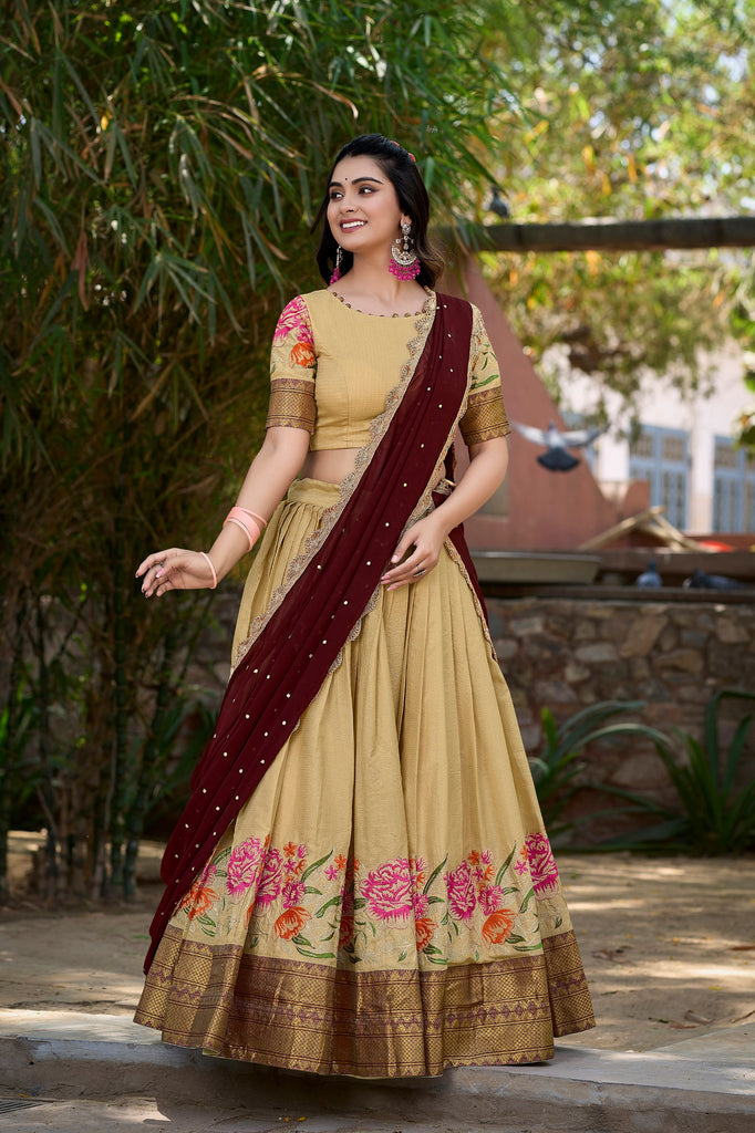 Cream Cotton Silk Lehenga Choli with Thread Embroidery & Sequined Georgette Dupatta ClothsVilla