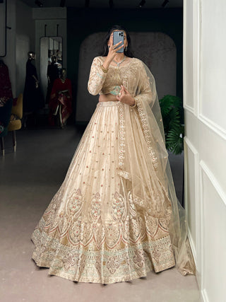Cream Designer Net Lehenga with Sequins & Thread Embroidery Work, Stitched Lehenga with Unstitched Blouse & Dupatta ClothsVilla