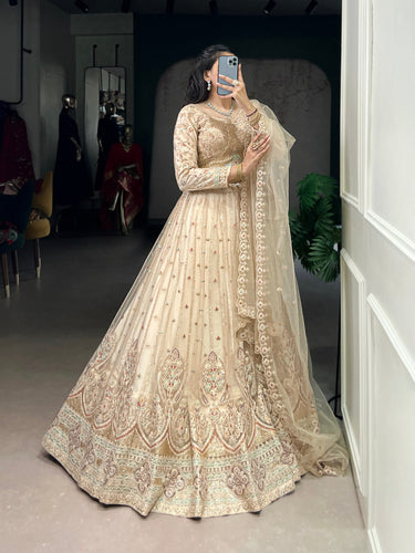 Cream Designer Net Lehenga with Sequins & Thread Embroidery Work, Stitched Lehenga with Unstitched Blouse & Dupatta ClothsVilla