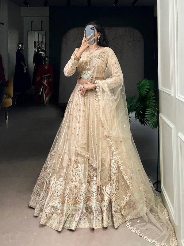 Cream Designer Net Lehenga with Sequins & Thread Embroidery Work, Stitched Lehenga with Unstitched Blouse & Dupatta ClothsVilla