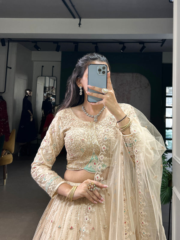 Cream Designer Net Lehenga with Sequins & Thread Embroidery Work, Stitched Lehenga with Unstitched Blouse & Dupatta ClothsVilla