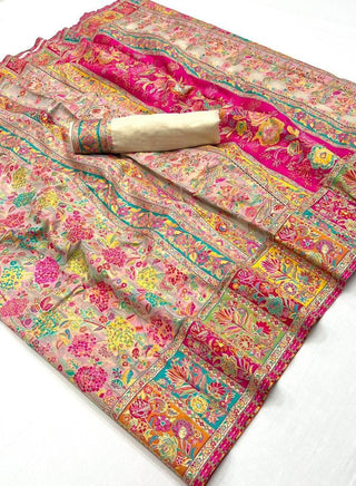 Cream Digital Print Elegant Bollywood Art Silk Saree with Zari Woven Border ClothsVilla