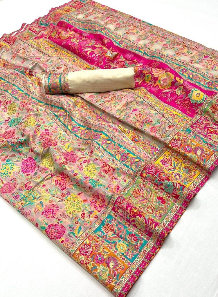 Cream Digital Print Elegant Bollywood Art Silk Saree with Zari Woven Border ClothsVilla