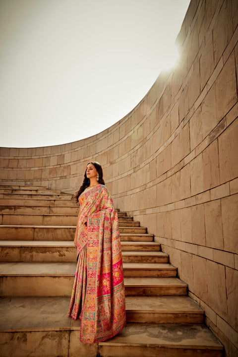 Cream Digital Print Elegant Bollywood Art Silk Saree with Zari Woven Border ClothsVilla Main image