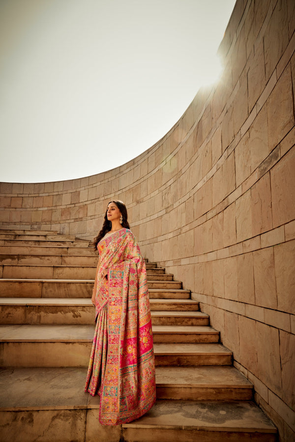 Cream Digital Print Elegant Bollywood Art Silk Saree with Zari Woven Border ClothsVilla