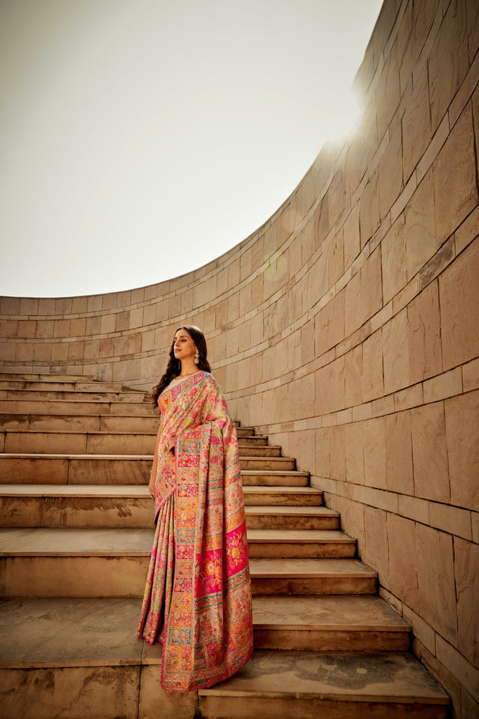 Cream Digital Print Elegant Bollywood Art Silk Saree with Zari Woven Border ClothsVilla