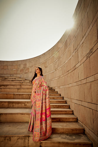 Cream Digital Print Elegant Bollywood Art Silk Saree with Zari Woven Border ClothsVilla