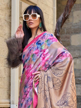 Cream Digital Print Saree in Satin Silk Blend – Party & Wedding Wear ClothsVilla