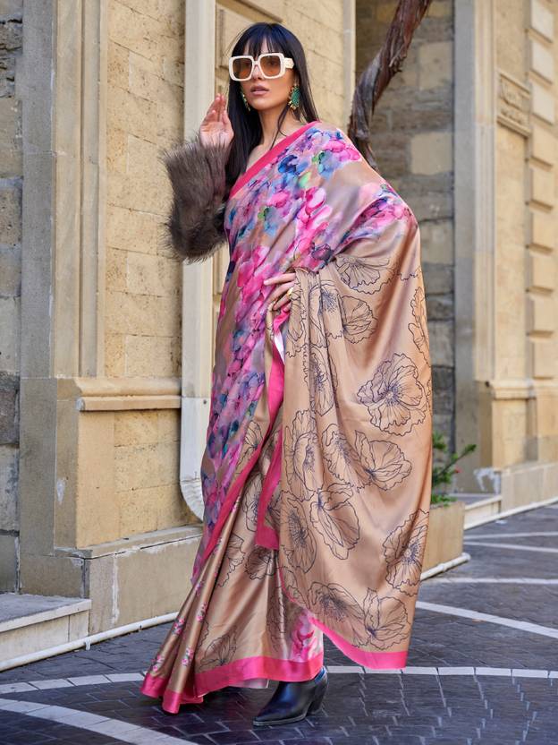 Cream Digital Print Saree in Satin Silk Blend – Party & Wedding Wear ClothsVilla Main image