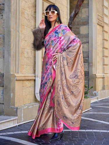 Cream Digital Print Saree in Satin Silk Blend – Party & Wedding Wear ClothsVilla