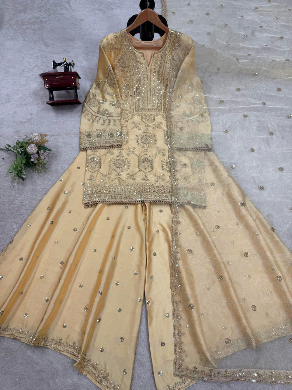 Cream Eid Special Elegant Chinon Silk Plazo Suit Set ClothsVilla