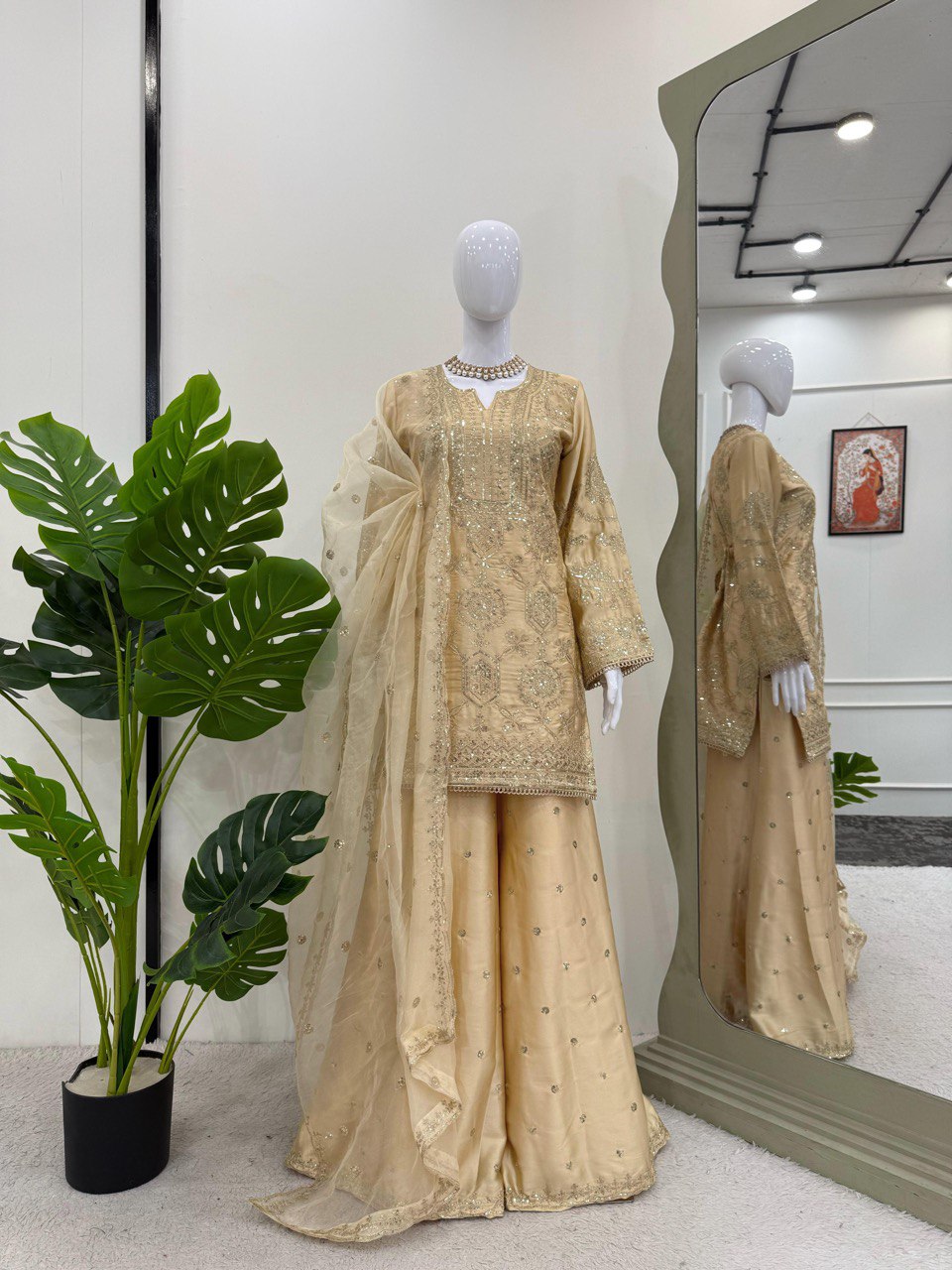 Cream Eid Special Elegant Chinon Silk Plazo Suit Set ClothsVilla