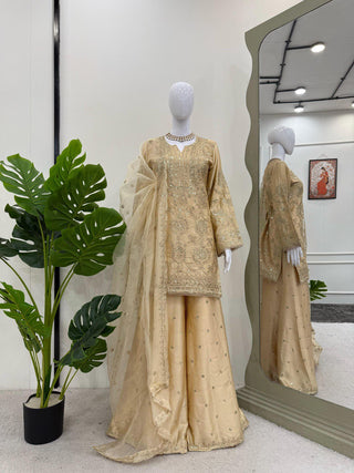 Cream Eid Special Elegant Chinon Silk Plazo Suit Set ClothsVilla