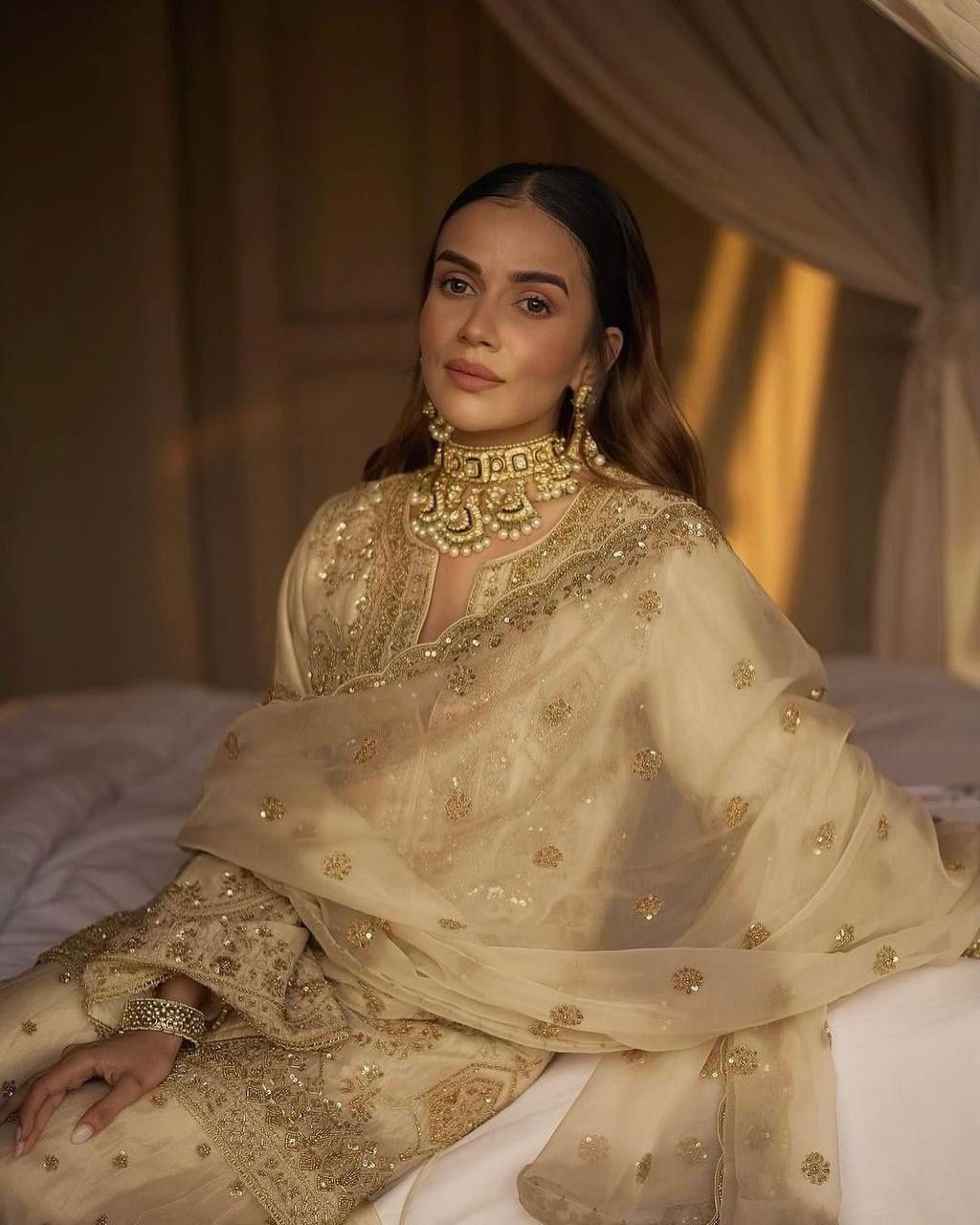 Cream Eid Special Elegant Chinon Silk Plazo Suit Set ClothsVilla